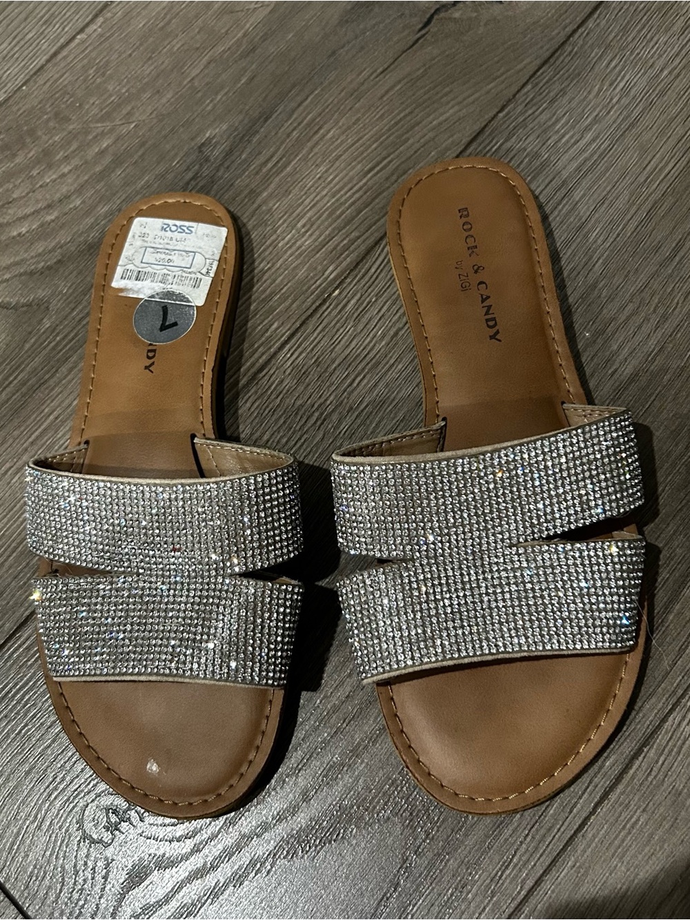Rock & Candy Women's Tan Slide Sandals with Silver Rhinestone Straps